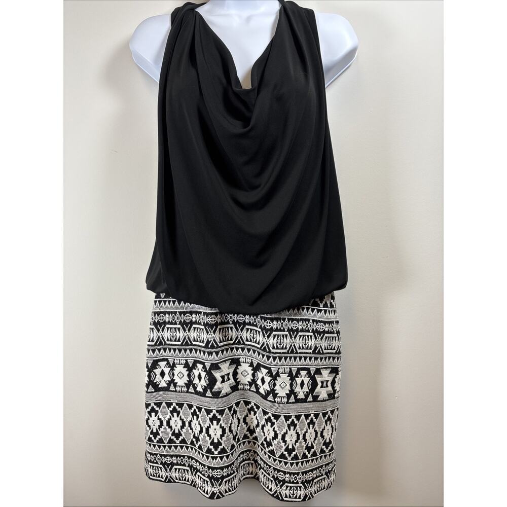 Fifteen Twenty Black Cowl Neck Halter Back Geo Tribal Knit Drop Waist Dress M